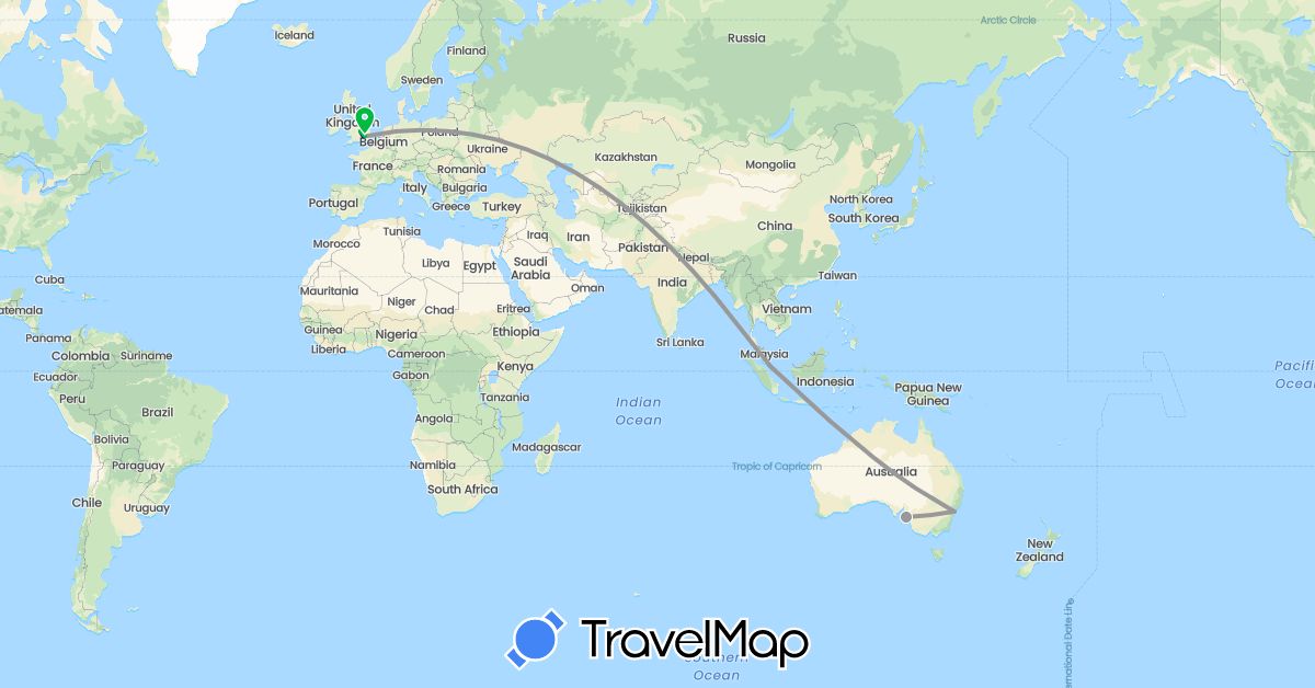 TravelMap itinerary: driving, bus, plane in Australia, United Kingdom, Singapore (Asia, Europe, Oceania)